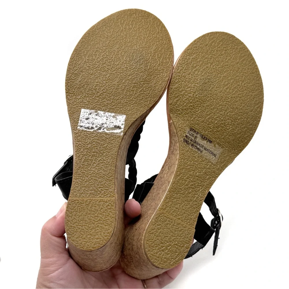 Twisted Riley T-strap Wedge Sandal Black Braided Thong Sandals Size 8